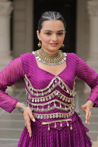 Purple Navratri Special Leheriya Print Lehenga Choli with 12 Mtr Flair & Mirror Lace Work ClothsVilla