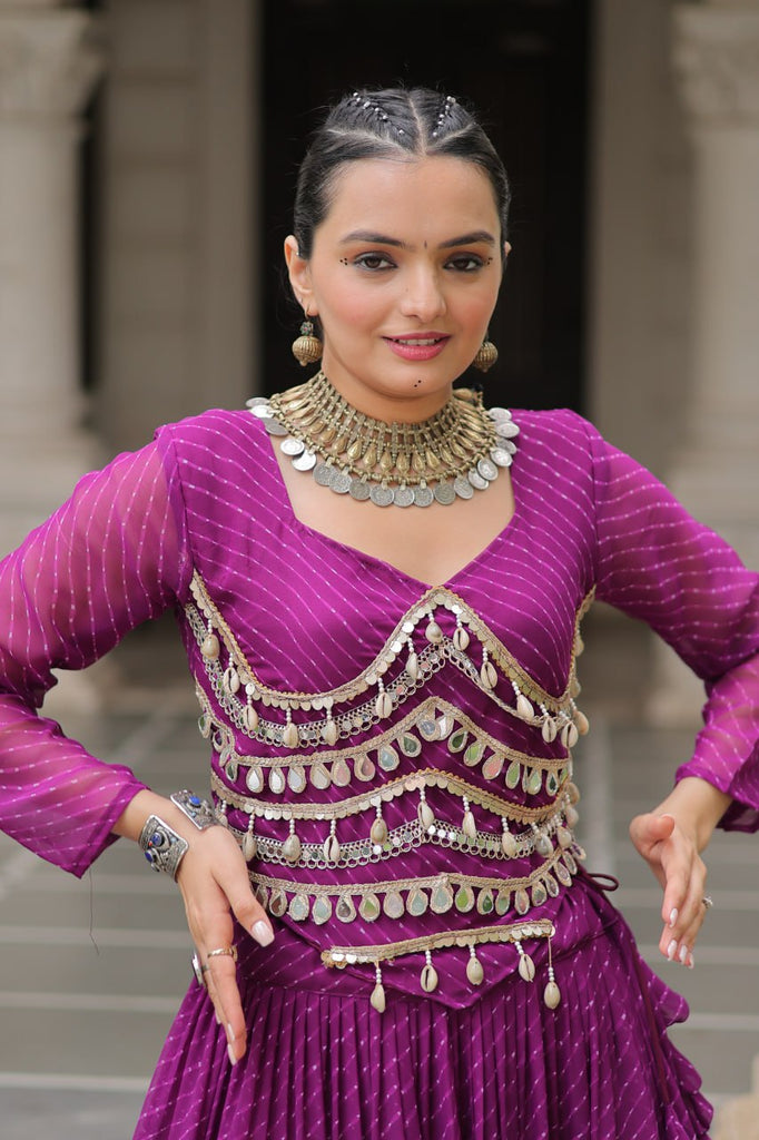 Purple Navratri Special Leheriya Print Lehenga Choli with 12 Mtr Flair & Mirror Lace Work ClothsVilla