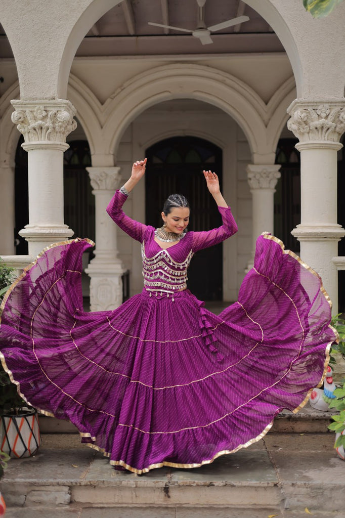 Purple Navratri Special Leheriya Print Lehenga Choli with 12 Mtr Flair & Mirror Lace Work ClothsVilla