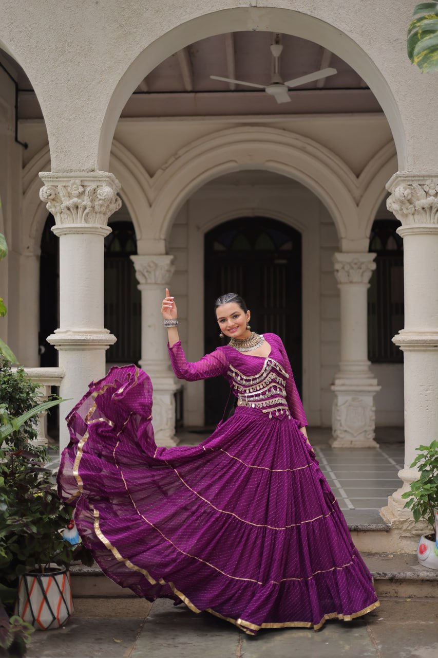 Purple Navratri Special Leheriya Print Lehenga Choli with 12 Mtr Flair & Mirror Lace Work ClothsVilla
