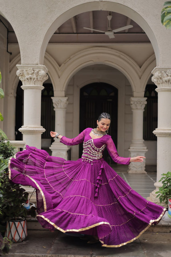 Purple Navratri Special Leheriya Print Lehenga Choli with 12 Mtr Flair & Mirror Lace Work ClothsVilla
