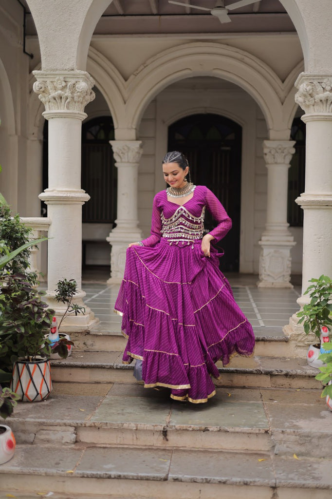 Purple Navratri Special Leheriya Print Lehenga Choli with 12 Mtr Flair & Mirror Lace Work ClothsVilla