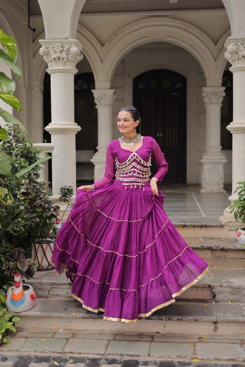 Purple Navratri Special Leheriya Print Lehenga Choli with 12 Mtr Flair & Mirror Lace Work ClothsVilla
