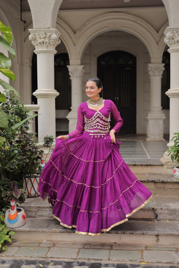 Purple Navratri Special Leheriya Print Lehenga Choli with 12 Mtr Flair & Mirror Lace Work ClothsVilla