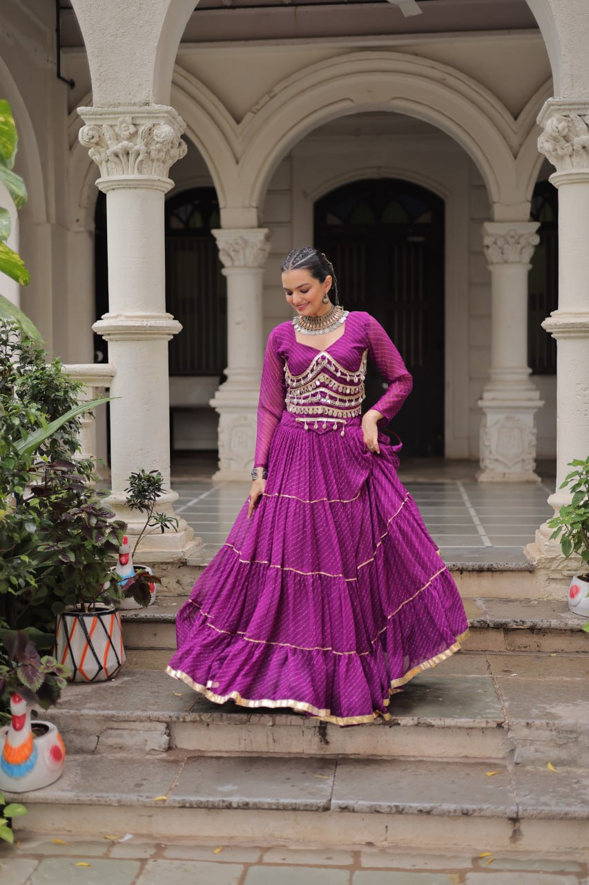 Purple Navratri Special Leheriya Print Lehenga Choli with 12 Mtr Flair & Mirror Lace Work ClothsVilla