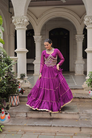 Purple Navratri Special Leheriya Print Lehenga Choli with 12 Mtr Flair & Mirror Lace Work ClothsVilla