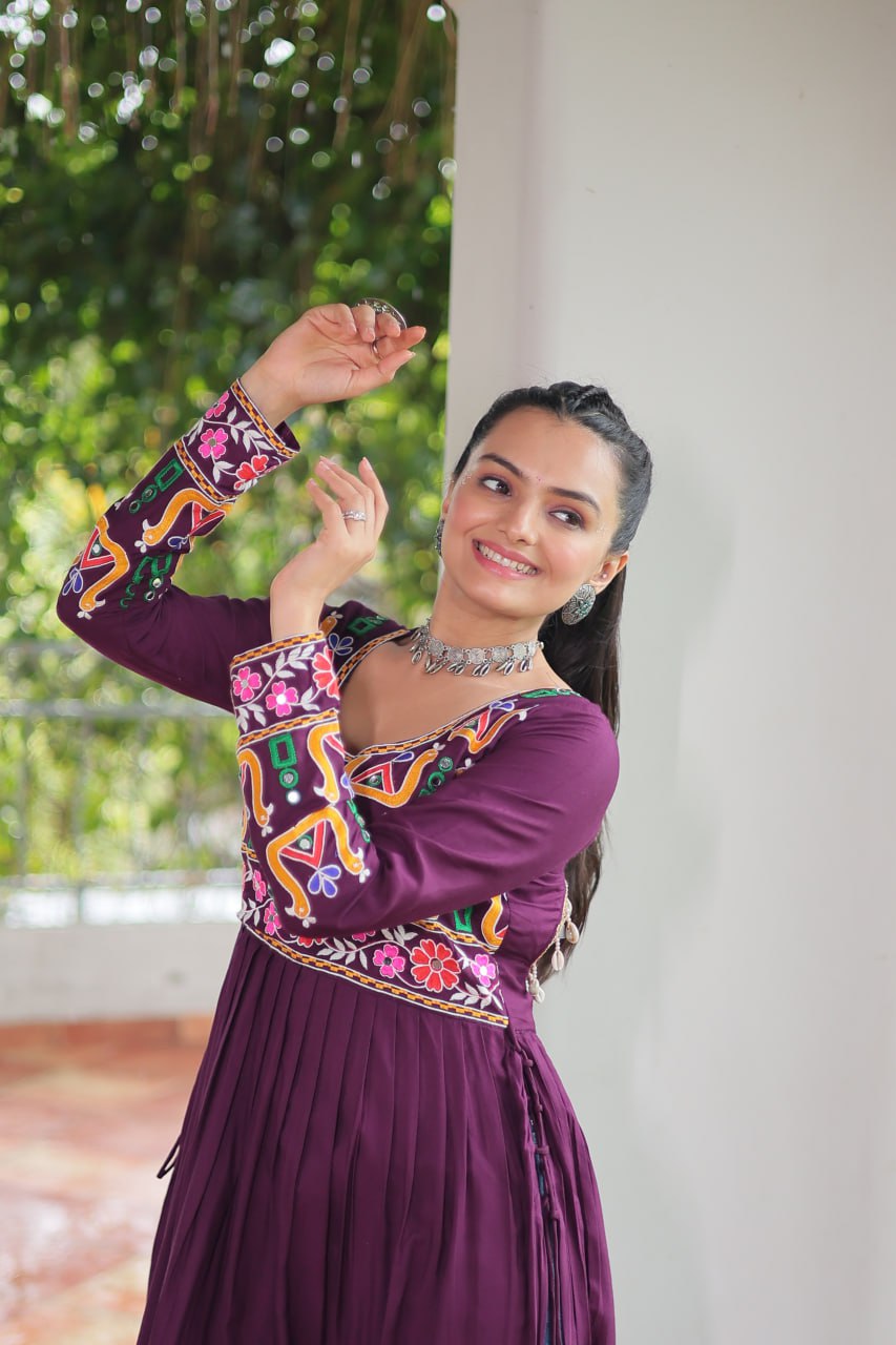 Purple Navratri Special Rayon Kurti with Kutchi Gamthi Work – Adjustable Fit & Full Sleeves ClothsVilla