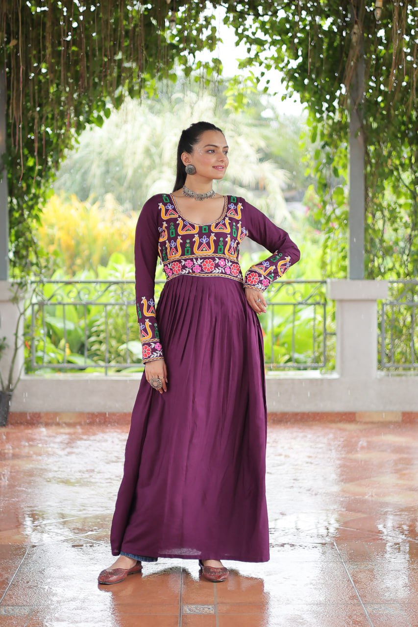 Purple Navratri Special Rayon Kurti with Kutchi Gamthi Work – Adjustable Fit & Full Sleeves ClothsVilla