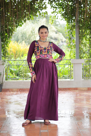 Purple Navratri Special Rayon Kurti with Kutchi Gamthi Work – Adjustable Fit & Full Sleeves ClothsVilla