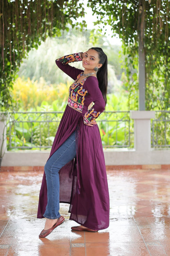Purple Navratri Special Rayon Kurti with Kutchi Gamthi Work – Adjustable Fit & Full Sleeves ClothsVilla