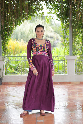 Purple Navratri Special Rayon Kurti with Kutchi Gamthi Work – Adjustable Fit & Full Sleeves ClothsVilla