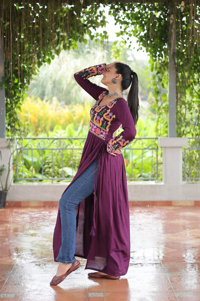 Purple Navratri Special Rayon Kurti with Kutchi Gamthi Work – Adjustable Fit & Full Sleeves ClothsVilla
