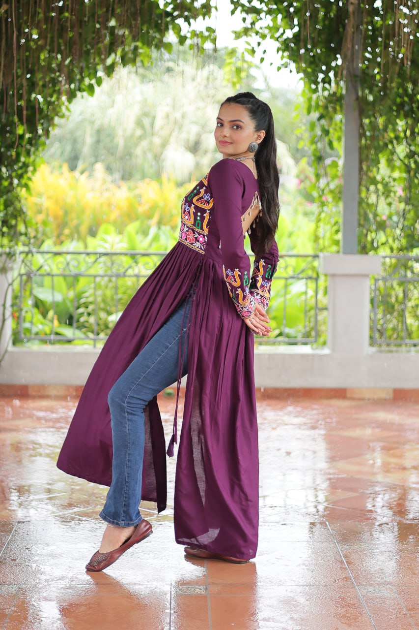 Purple Navratri Special Rayon Kurti with Kutchi Gamthi Work – Adjustable Fit & Full Sleeves ClothsVilla