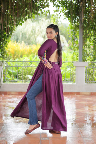 Purple Navratri Special Rayon Kurti with Kutchi Gamthi Work – Adjustable Fit & Full Sleeves ClothsVilla