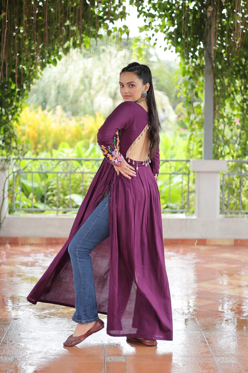 Purple Navratri Special Rayon Kurti with Kutchi Gamthi Work – Adjustable Fit & Full Sleeves ClothsVilla