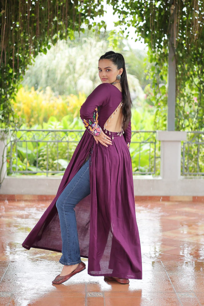 Purple Navratri Special Rayon Kurti with Kutchi Gamthi Work – Adjustable Fit & Full Sleeves ClothsVilla