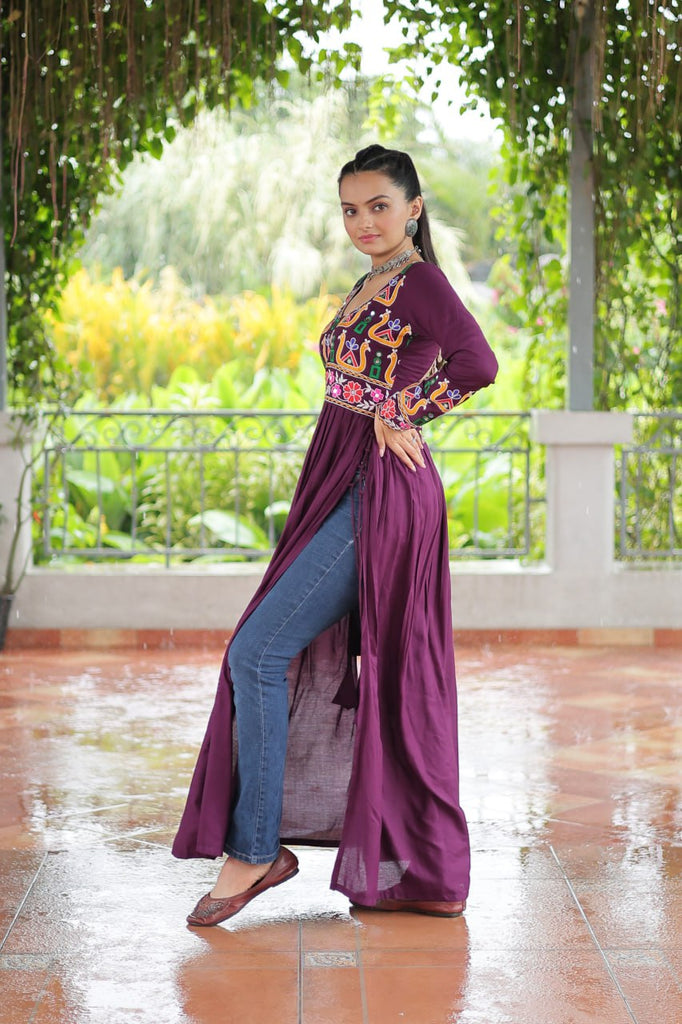 Purple Navratri Special Rayon Kurti with Kutchi Gamthi Work – Adjustable Fit & Full Sleeves ClothsVilla