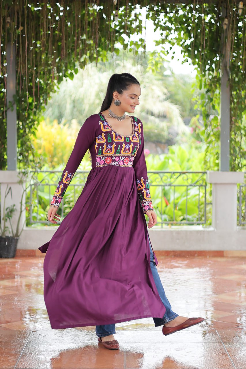 Purple Navratri Special Rayon Kurti with Kutchi Gamthi Work – Adjustable Fit & Full Sleeves ClothsVilla