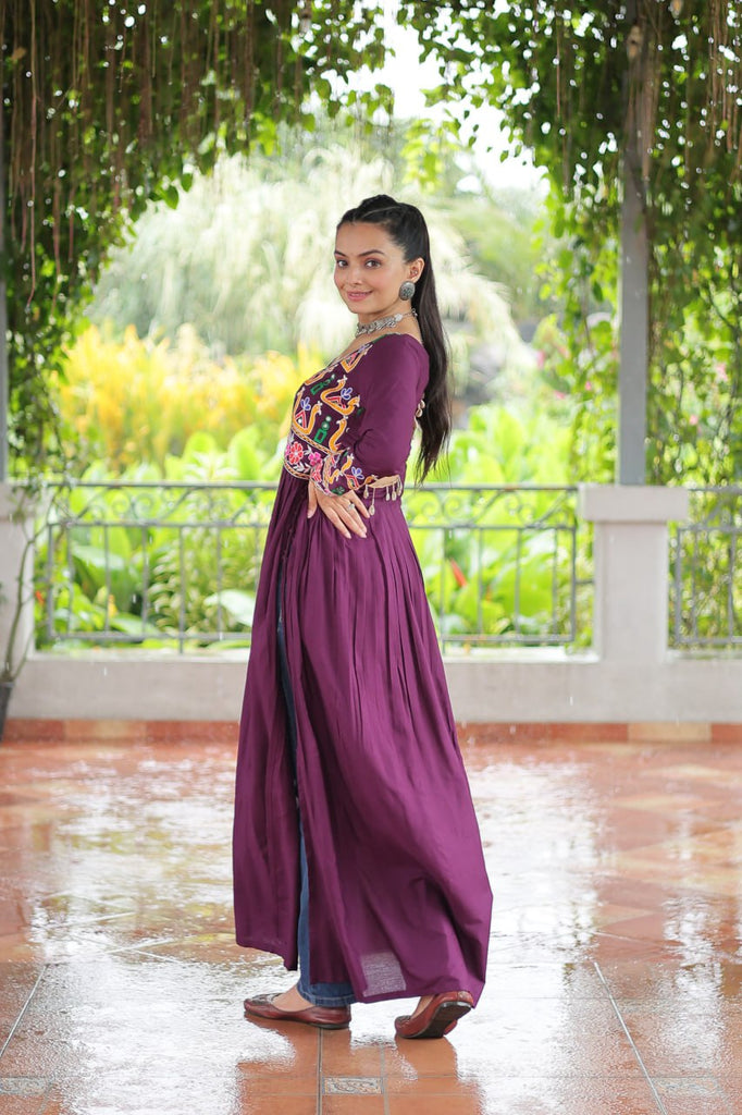 Purple Navratri Special Rayon Kurti with Kutchi Gamthi Work – Adjustable Fit & Full Sleeves ClothsVilla