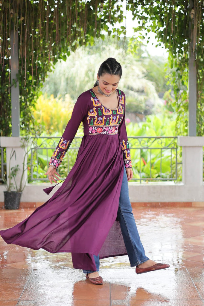 Purple Navratri Special Rayon Kurti with Kutchi Gamthi Work – Adjustable Fit & Full Sleeves ClothsVilla