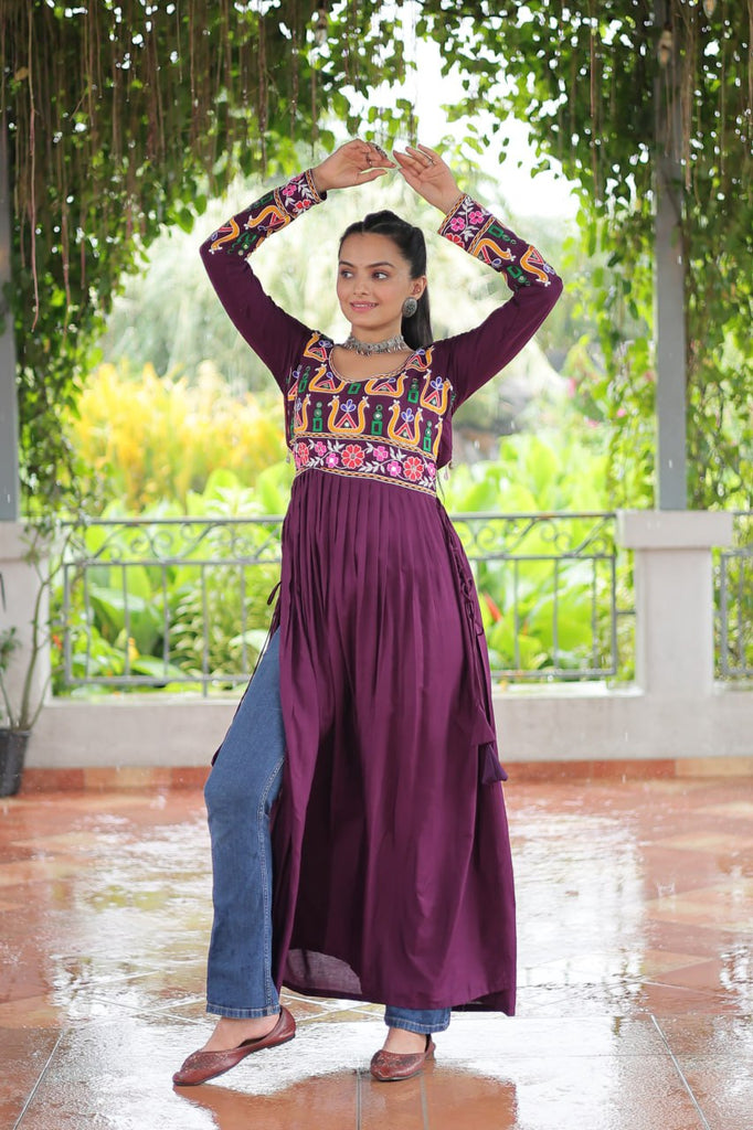 Purple Navratri Special Rayon Kurti with Kutchi Gamthi Work – Adjustable Fit & Full Sleeves ClothsVilla