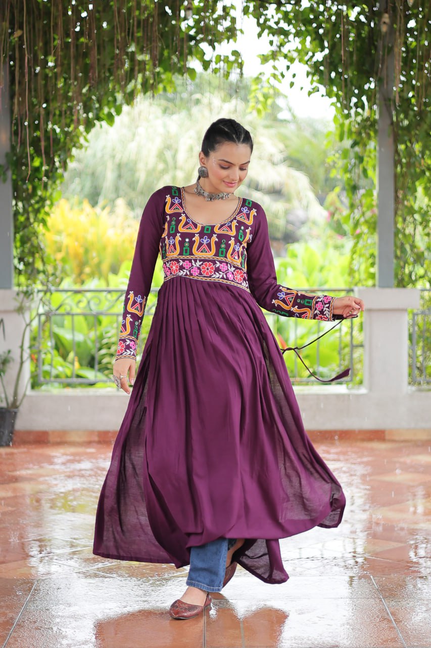 Purple Navratri Special Rayon Kurti with Kutchi Gamthi Work – Adjustable Fit & Full Sleeves ClothsVilla