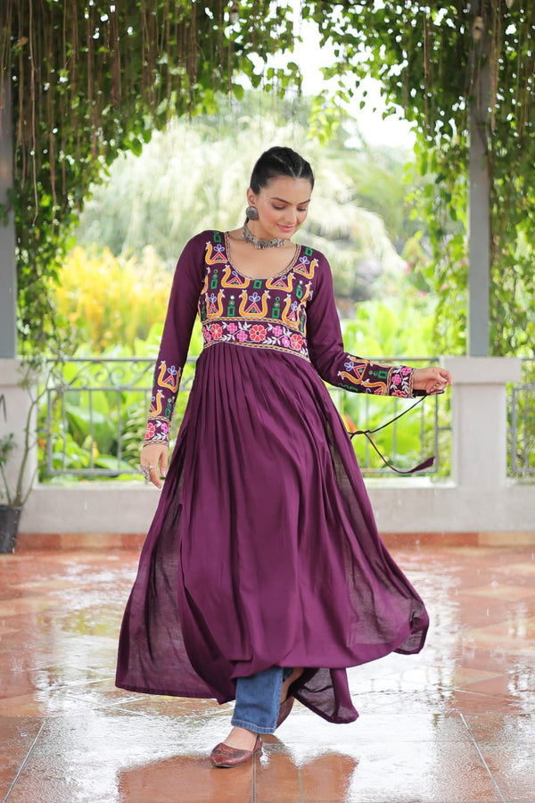 Purple Navratri Special Rayon Kurti with Kutchi Gamthi Work – Adjustable Fit & Full Sleeves ClothsVilla