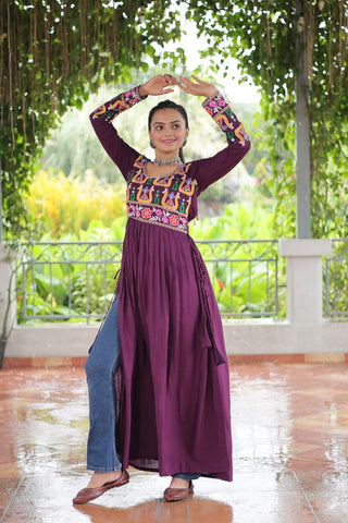Purple Navratri Special Rayon Kurti with Kutchi Gamthi Work – Adjustable Fit & Full Sleeves ClothsVilla