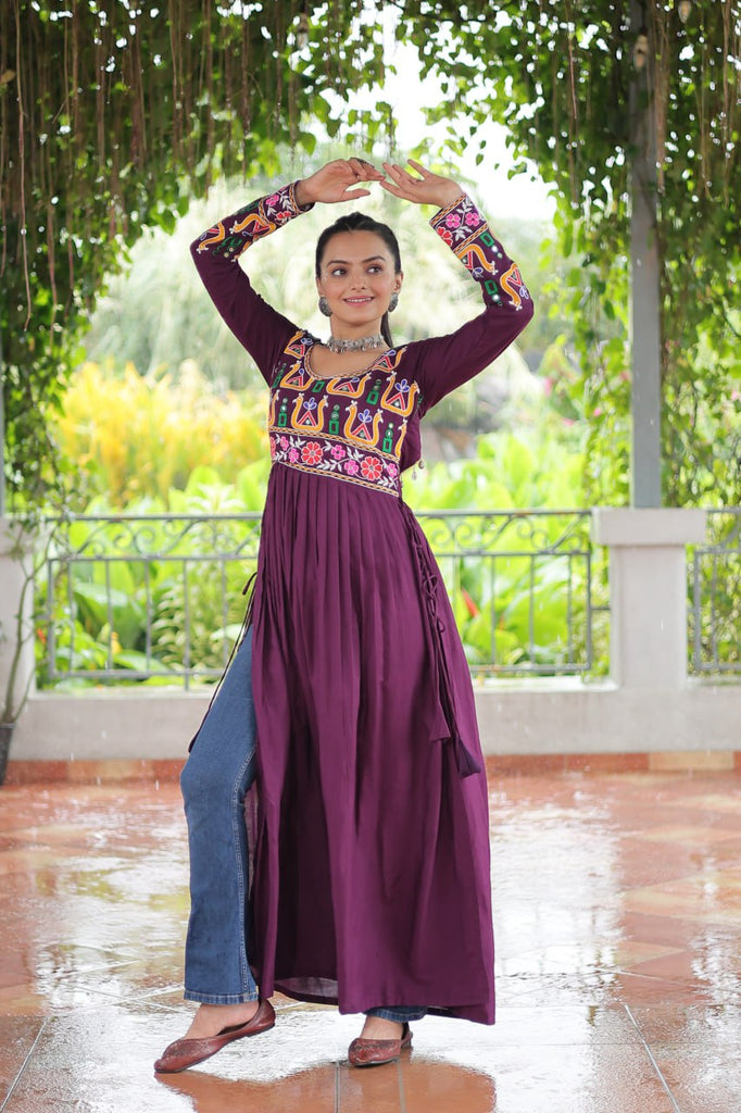 Purple Navratri Special Rayon Kurti with Kutchi Gamthi Work – Adjustable Fit & Full Sleeves ClothsVilla