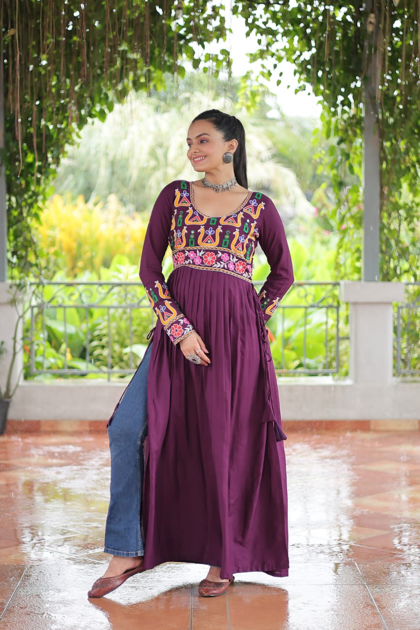 Purple Navratri Special Rayon Kurti with Kutchi Gamthi Work – Adjustable Fit & Full Sleeves ClothsVilla