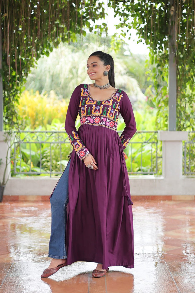 Purple Navratri Special Rayon Kurti with Kutchi Gamthi Work – Adjustable Fit & Full Sleeves ClothsVilla