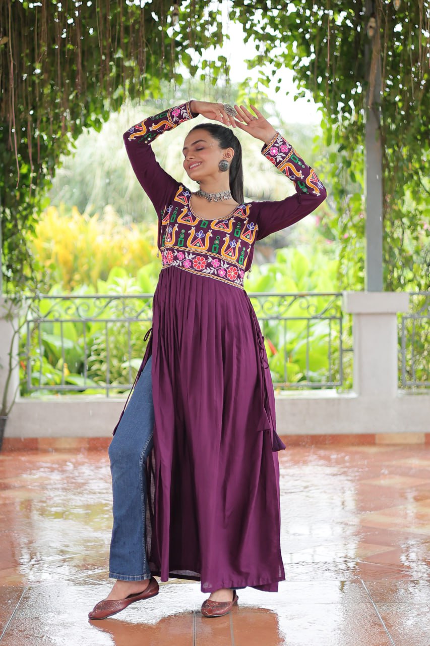 Purple Navratri Special Rayon Kurti with Kutchi Gamthi Work – Adjustable Fit & Full Sleeves ClothsVilla