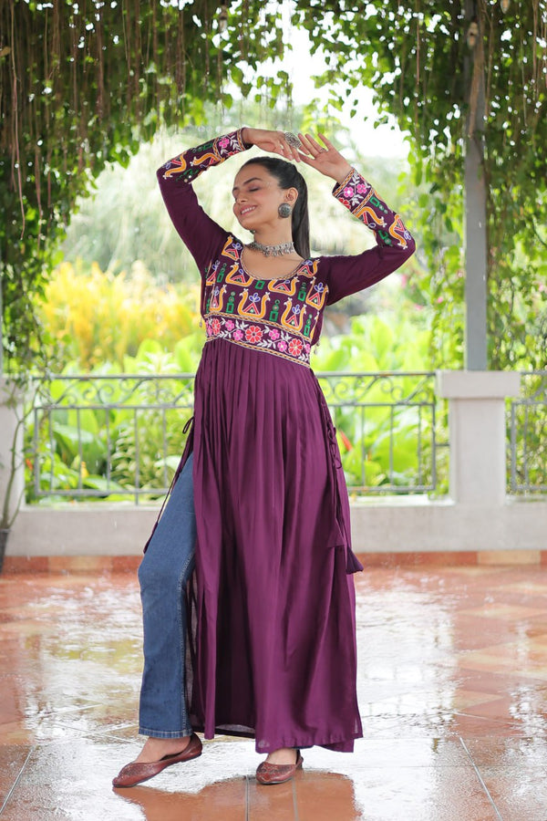 Purple Navratri Special Rayon Kurti with Kutchi Gamthi Work – Adjustable Fit & Full Sleeves ClothsVilla