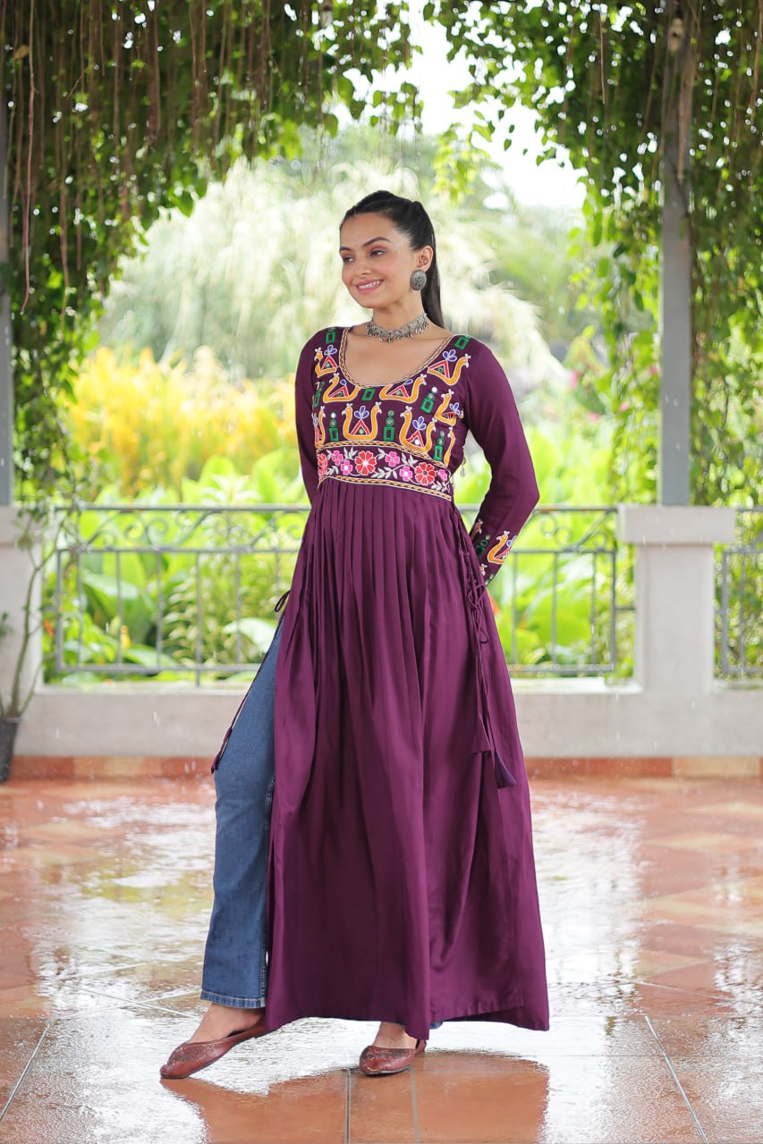 Purple Navratri Special Rayon Kurti with Kutchi Gamthi Work – Adjustable Fit & Full Sleeves ClothsVilla