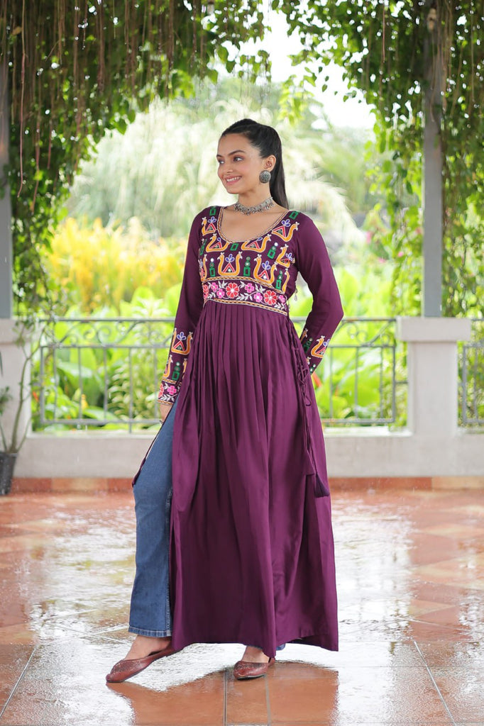 Purple Navratri Special Rayon Kurti with Kutchi Gamthi Work – Adjustable Fit & Full Sleeves ClothsVilla