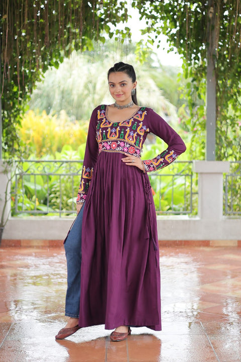 Purple Navratri Special Rayon Kurti with Kutchi Gamthi Work – Adjustable Fit & Full Sleeves ClothsVilla Main image