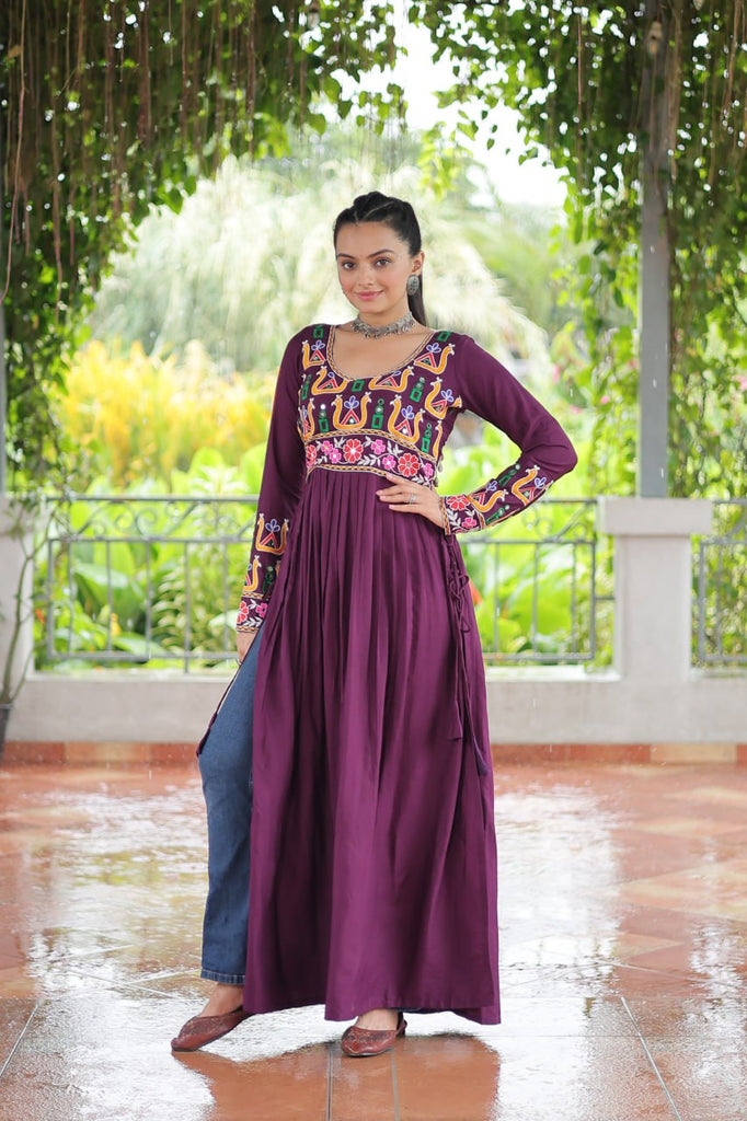 Purple Navratri Special Rayon Kurti with Kutchi Gamthi Work – Adjustable Fit & Full Sleeves ClothsVilla