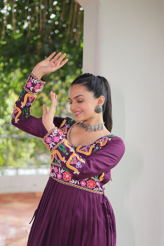 Purple Navratri Special Rayon Kurti with Kutchi Gamthi Work – Adjustable Fit & Full Sleeves ClothsVilla