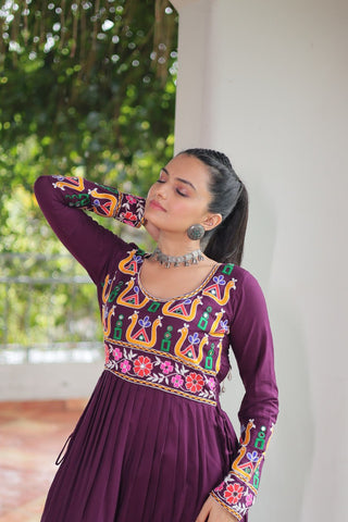 Purple Navratri Special Rayon Kurti with Kutchi Gamthi Work – Adjustable Fit & Full Sleeves ClothsVilla