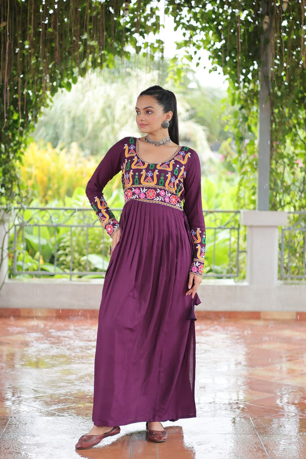 Purple Navratri Special Rayon Kurti with Kutchi Gamthi Work – Adjustable Fit & Full Sleeves ClothsVilla