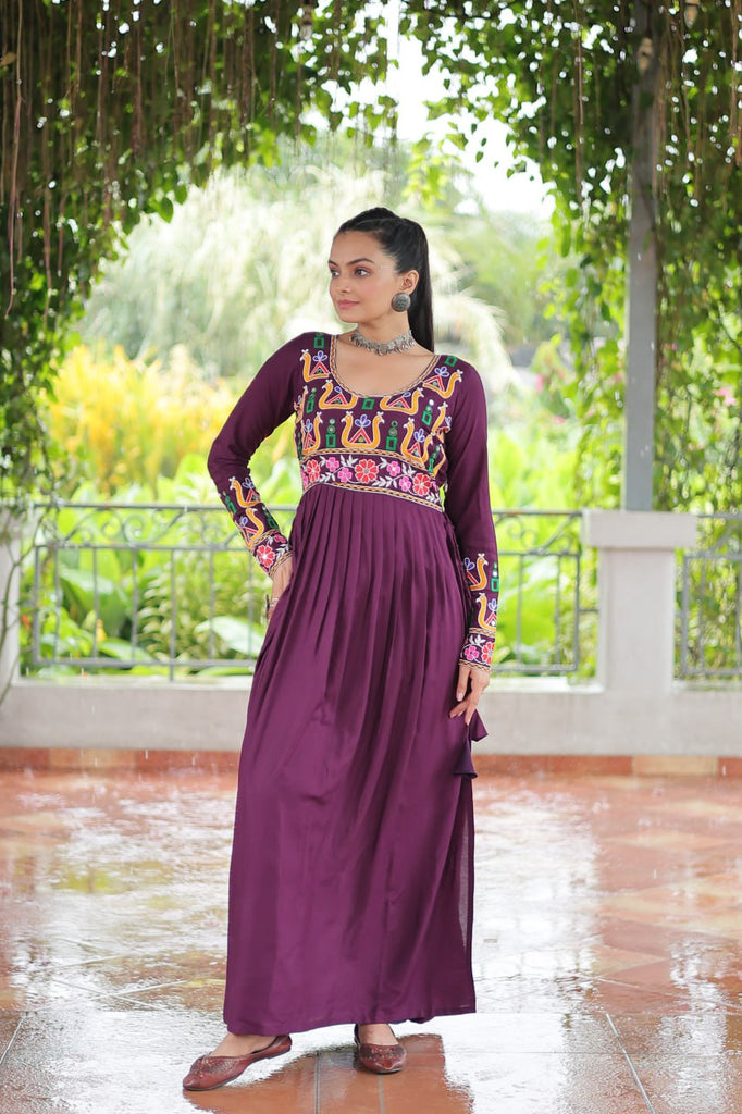 Purple Navratri Special Rayon Kurti with Kutchi Gamthi Work – Adjustable Fit & Full Sleeves ClothsVilla