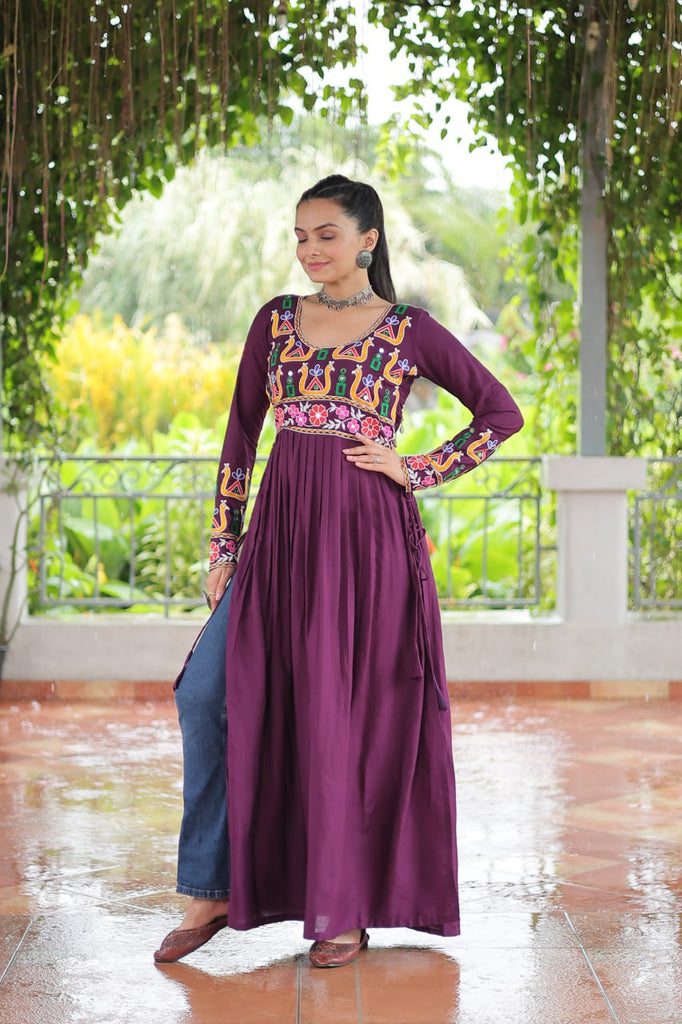 Purple Navratri Special Rayon Kurti with Kutchi Gamthi Work – Adjustable Fit & Full Sleeves ClothsVilla