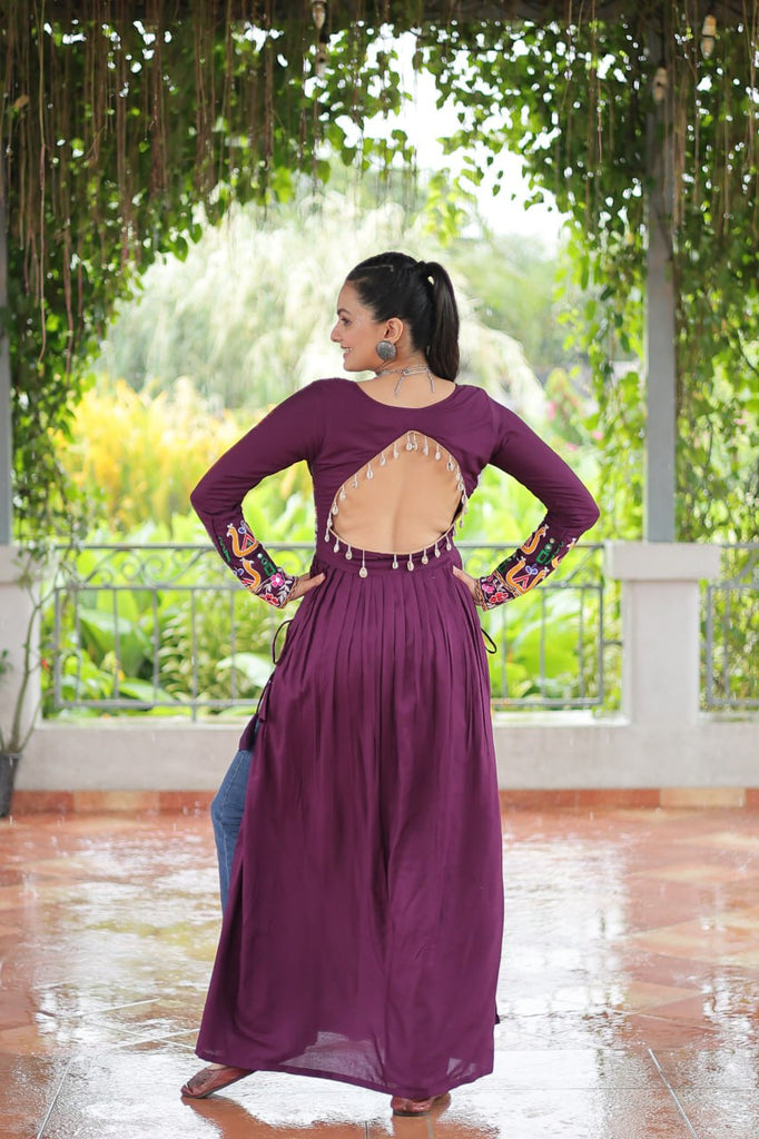 Purple Navratri Special Rayon Kurti with Kutchi Gamthi Work – Adjustable Fit & Full Sleeves ClothsVilla