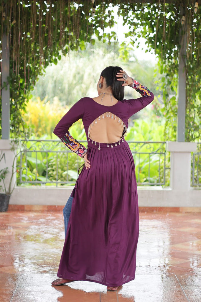 Purple Navratri Special Rayon Kurti with Kutchi Gamthi Work – Adjustable Fit & Full Sleeves ClothsVilla