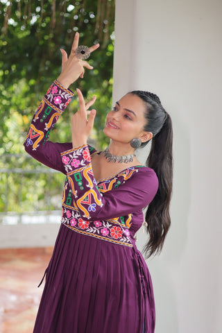 Purple Navratri Special Rayon Kurti with Kutchi Gamthi Work – Adjustable Fit & Full Sleeves ClothsVilla