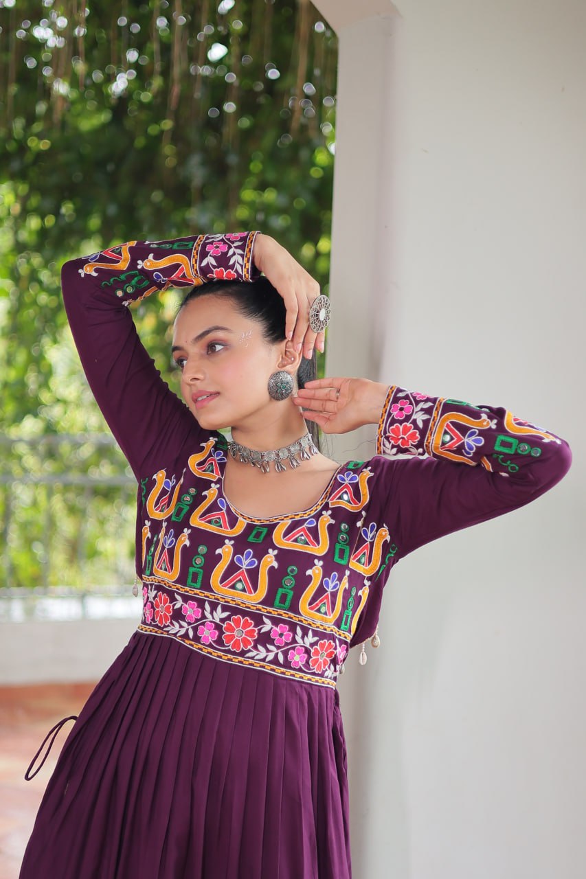 Purple Navratri Special Rayon Kurti with Kutchi Gamthi Work – Adjustable Fit & Full Sleeves ClothsVilla