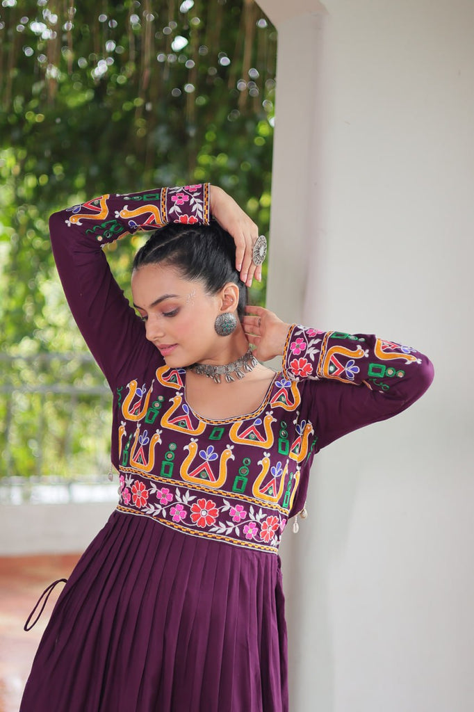 Purple Navratri Special Rayon Kurti with Kutchi Gamthi Work – Adjustable Fit & Full Sleeves ClothsVilla