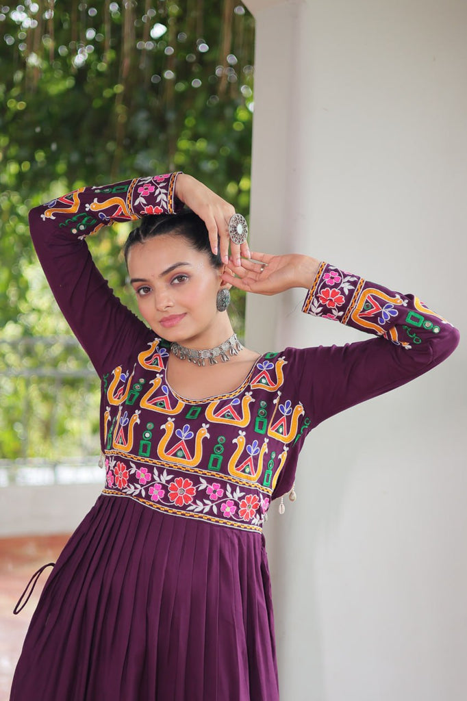 Purple Navratri Special Rayon Kurti with Kutchi Gamthi Work – Adjustable Fit & Full Sleeves ClothsVilla