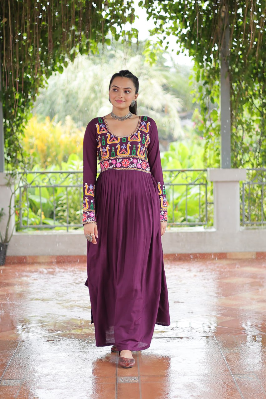 Purple Navratri Special Rayon Kurti with Kutchi Gamthi Work – Adjustable Fit & Full Sleeves ClothsVilla