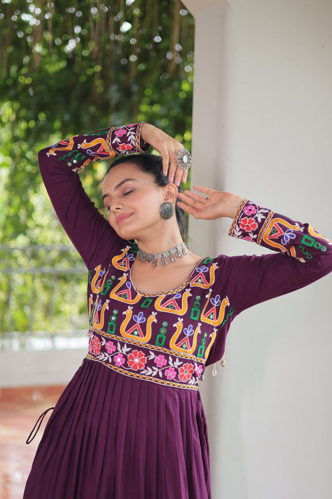 Purple Navratri Special Rayon Kurti with Kutchi Gamthi Work – Adjustable Fit & Full Sleeves ClothsVilla